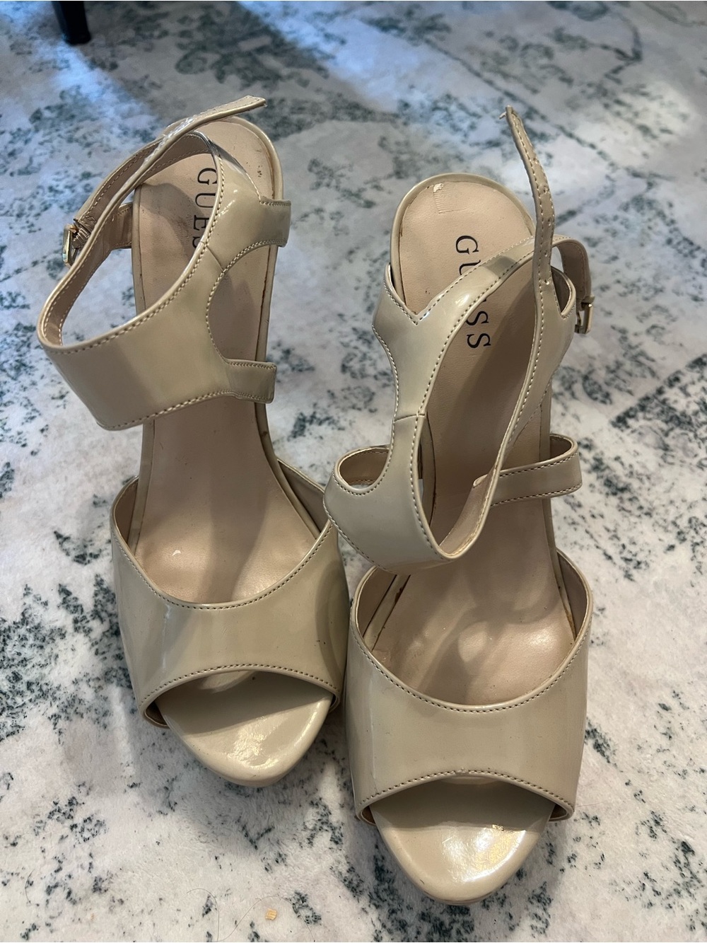 GUESS Beige Patent Leather Cutout Slingback Heels